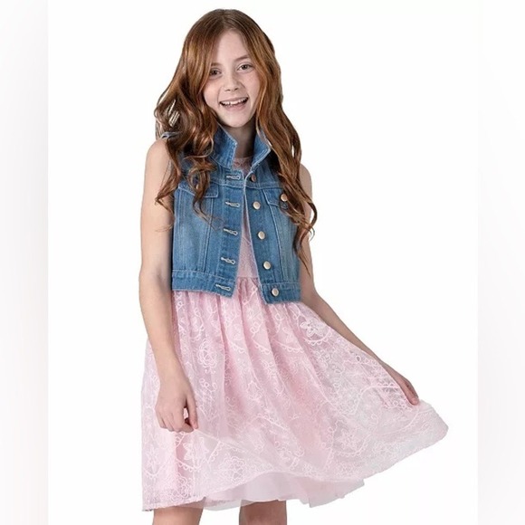 Rare Editions Other - Rare Editions Girls Blush Pink Lace Dress and Denim Vest 2 Piece Set Size 10 NEW